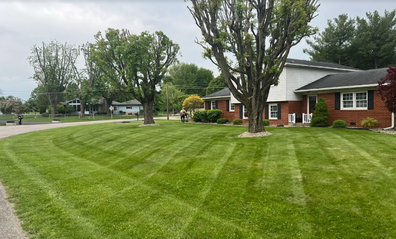 Man mowing a green lawn in front of a two-story house with a large tree on a sunny day.