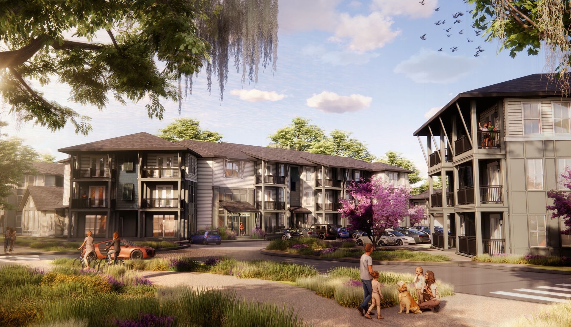 Modern apartment complex with landscaped courtyard, trees, and people walking under a bright sky