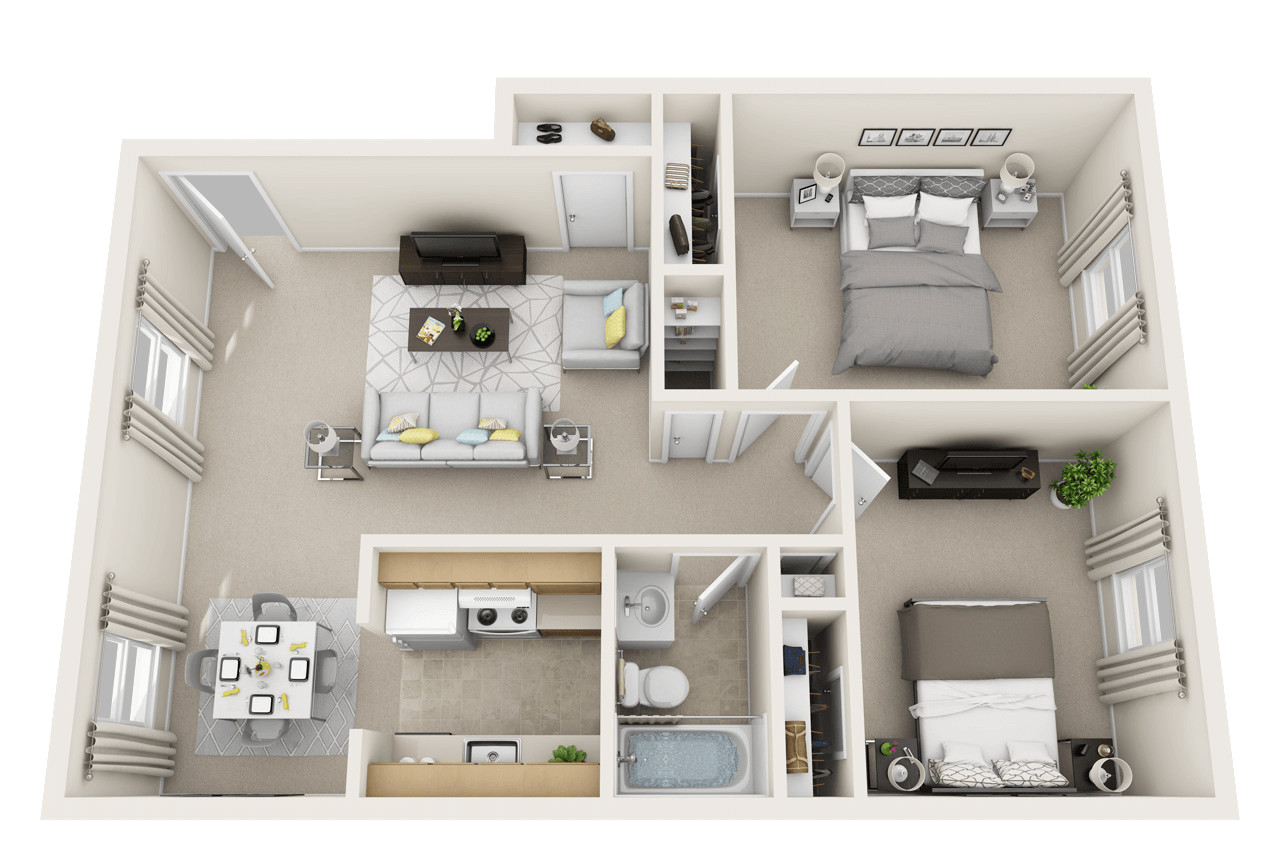 2 Bed 1 Bath Floorplan