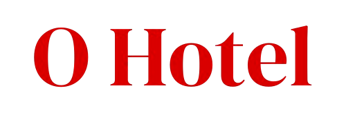 The word hotel is written in red letters on a white background.