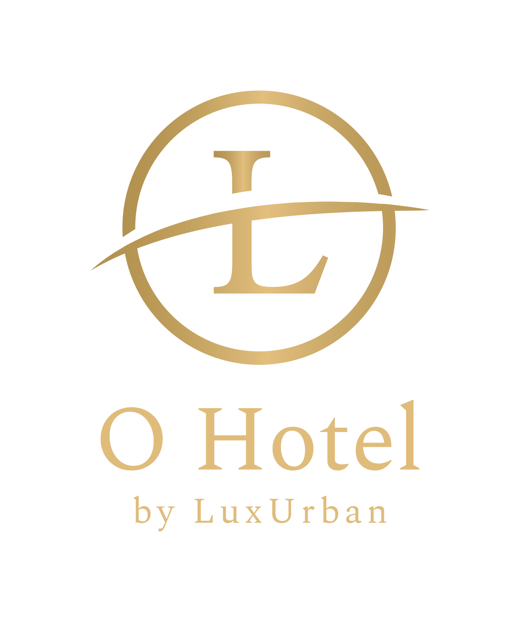 The logo for o hotel by lux urban is a gold logo with a letter l in a circle.