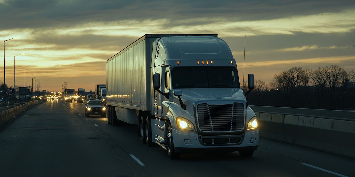 18 wheeler truck driving down the highway with headlights on at dusk.