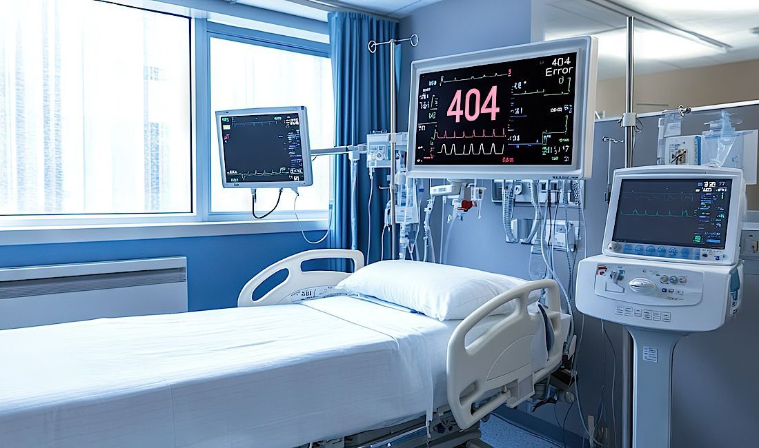 Vital signs monitor showing 404 Error on screen in hospital room