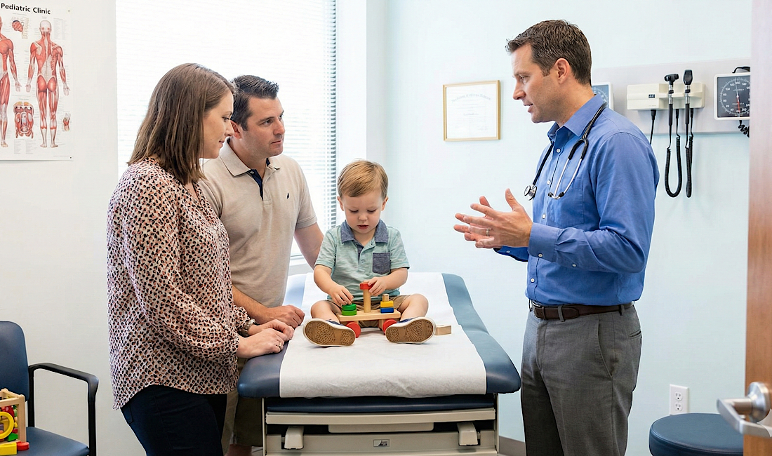 Little boy sitting on hospital table while doctor and parents discuss his appendicitis diagnosis 