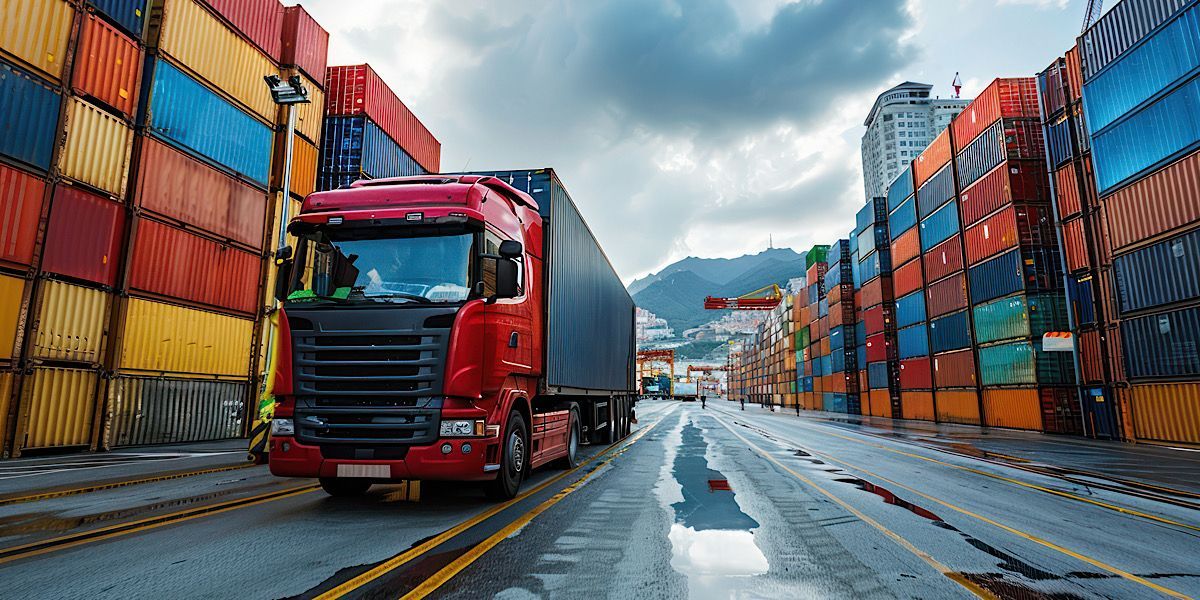 18 wheeler truck in cargo loading station with thousands of cargo containers on its right and left.