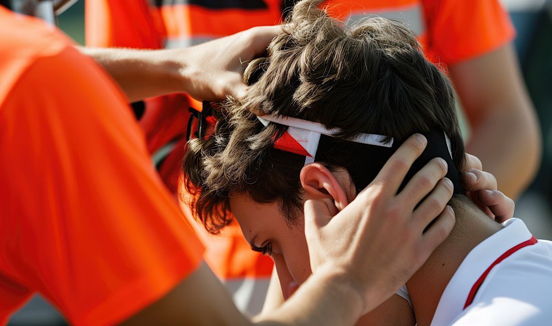 Soccer player getting medically evaluated for a concussion, head injury in Pittsburgh, PA