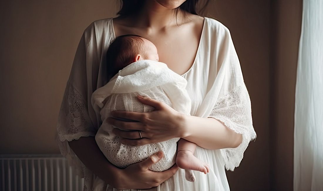 Mother holding newborn close to chest. Sweet bond between mother and infant.