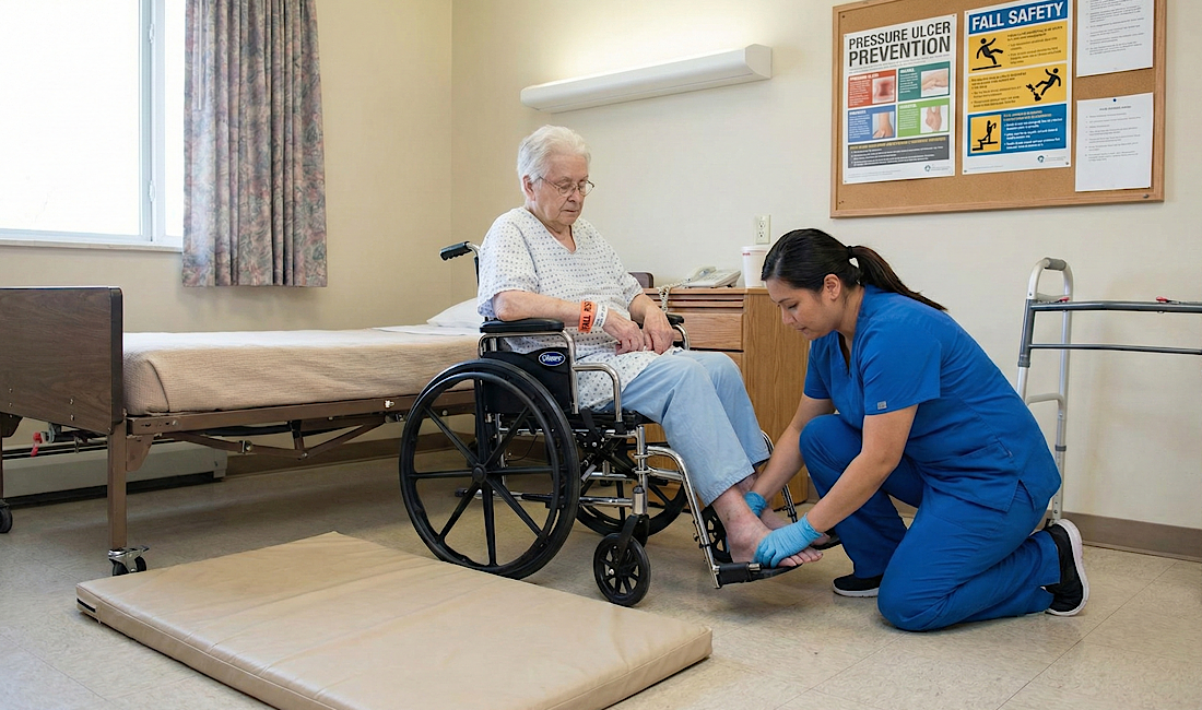 Nursing home safety, wheelchair, nurses aide