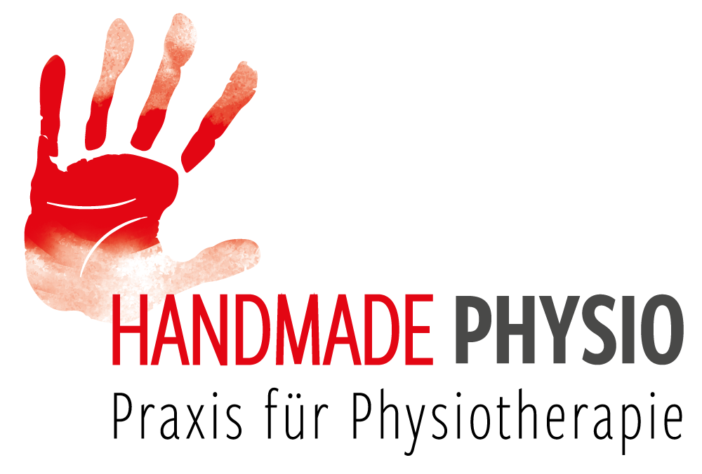 Logo roter Handabdruck und moderne Schrift in rot und dunkelgrau Handmade Physio Praxis für Physiotherapie