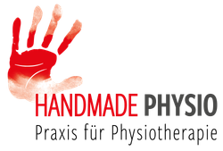 Logo roter Handabdruck und moderne Schrift in rot und dunkelgrau Handmade Physio Praxis für Physiotherapie