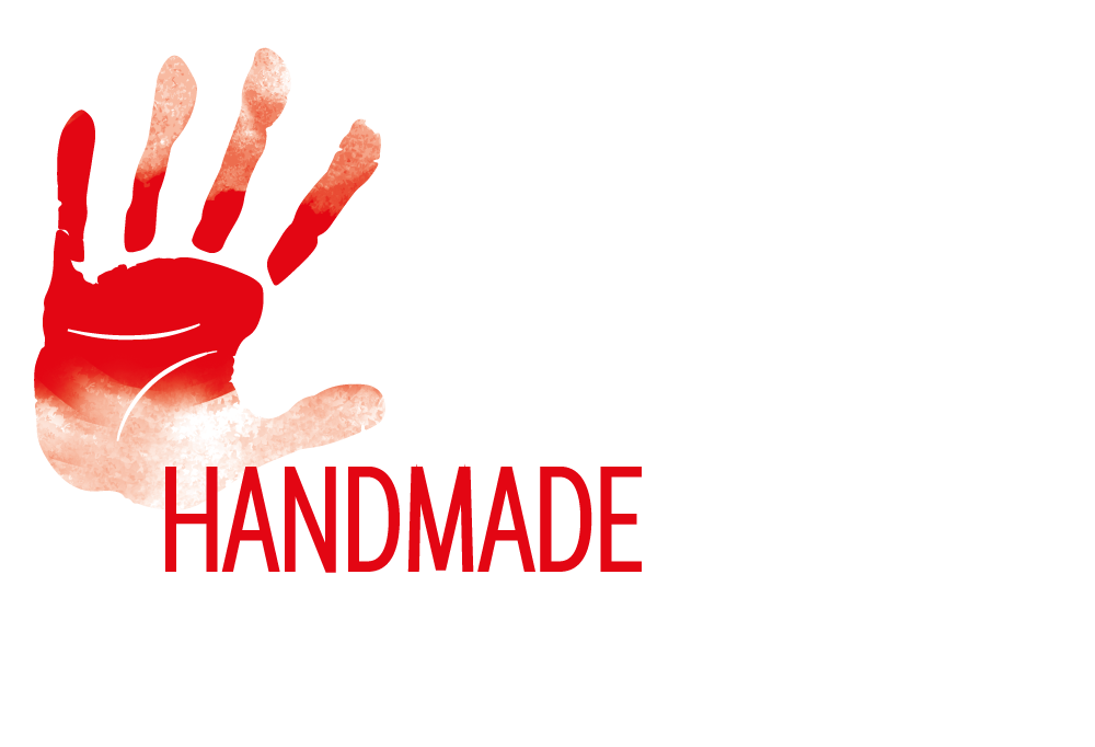 Logo roter Handabdruck und moderne Schrift in rot und weiß Handmade Physio Praxis für Physiotherapie