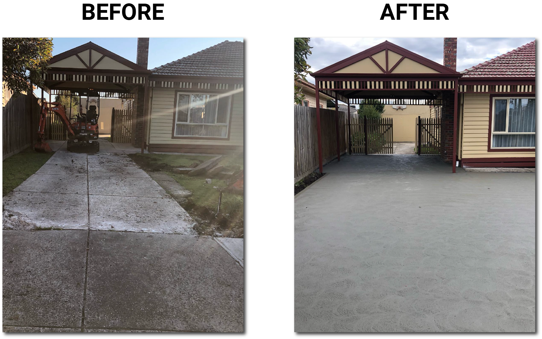 A before and after picture of a driveway and a house