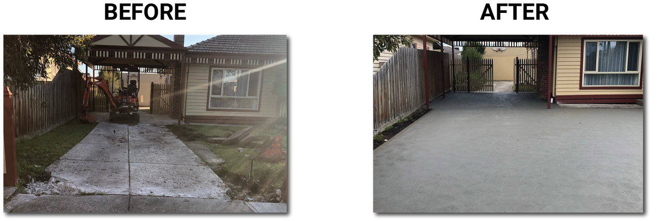 A before and after picture of a driveway and a house