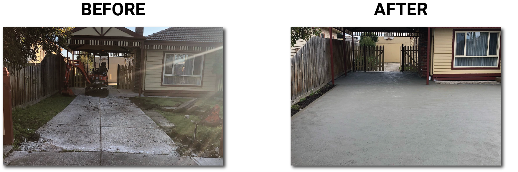 A before and after picture of a driveway and a house