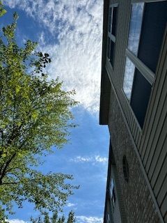 Looking up at a building with a tree in front of it