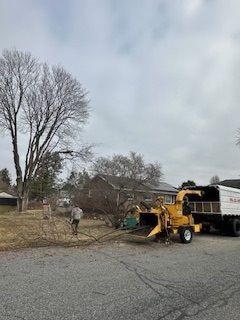 A tree chipper is being used to remove a tree in a yard.