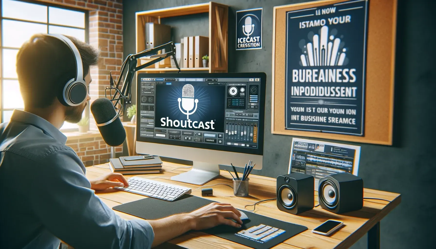 A man wearing headphones is sitting at a desk in front of a microphone.