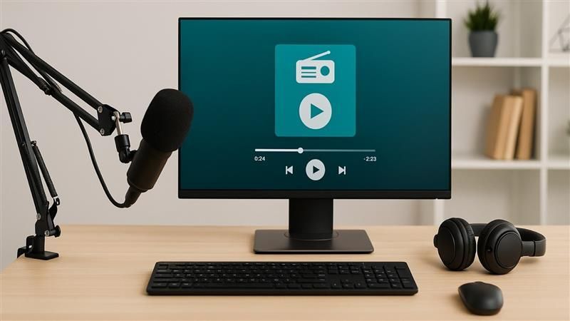 Podcast or radio recording setup with a computer monitor displaying an audio player, microphone