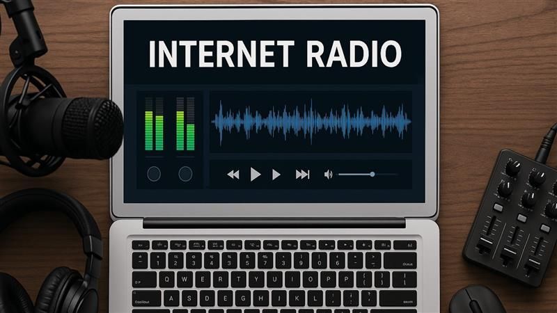 Laptop displaying 'Internet Radio' with audio waveforms, surrounded by microphone, headphones, and audio mixer on a wooden desk.