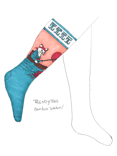 Colorful cartoon sock with a cat playing banjo on leg; blue, pink and white.