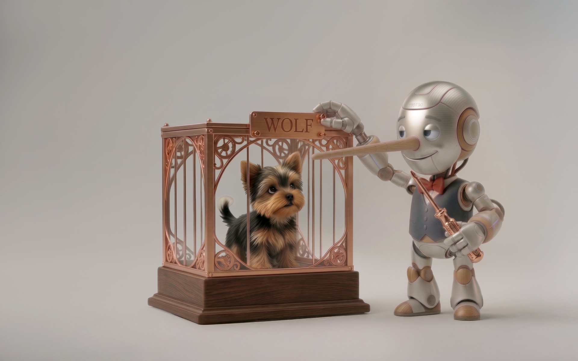 AI robot standing beside a small dog in a cage labeled wolf.