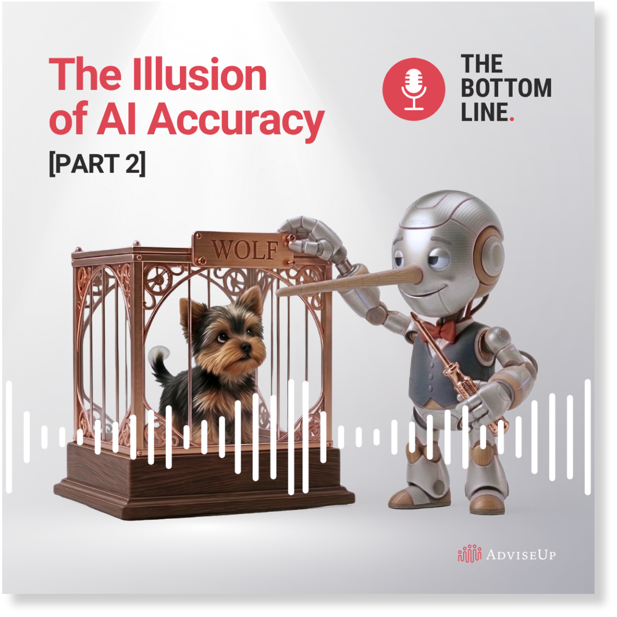 AI Robot standing next to a small dog in a cage with a sign that reads