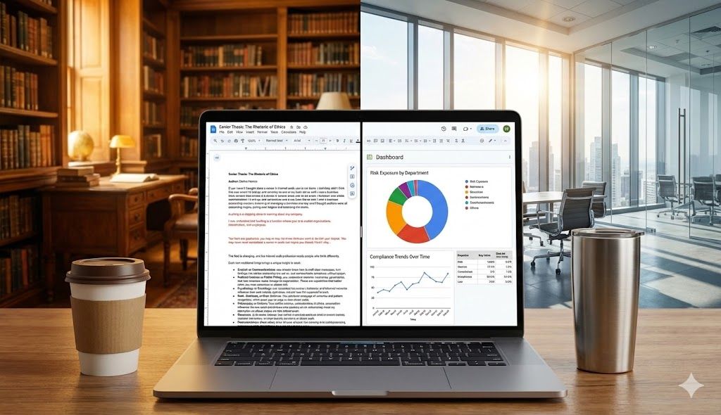 Laptop with split screen: left shows academic thesis in library; right shows business data charts.