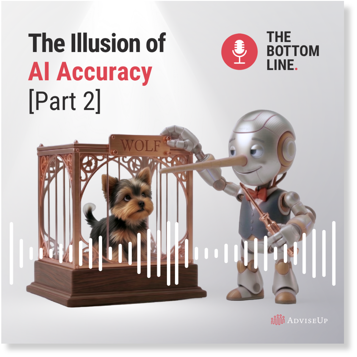 AI Robot standing next to a small dog in a cage with a sign that reads