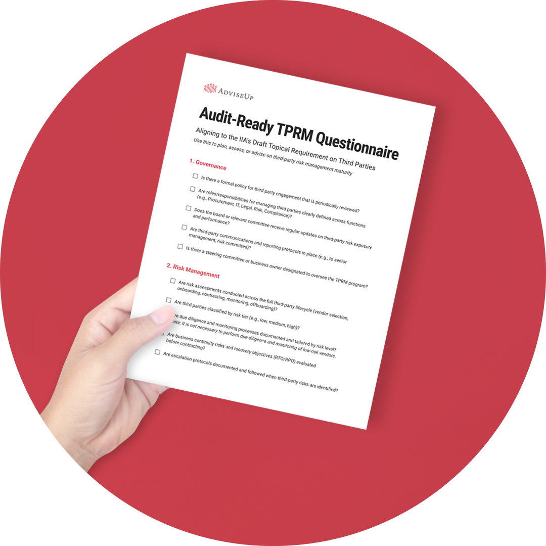 A person is holding a paper that says audit-ready TPRM questionnaire