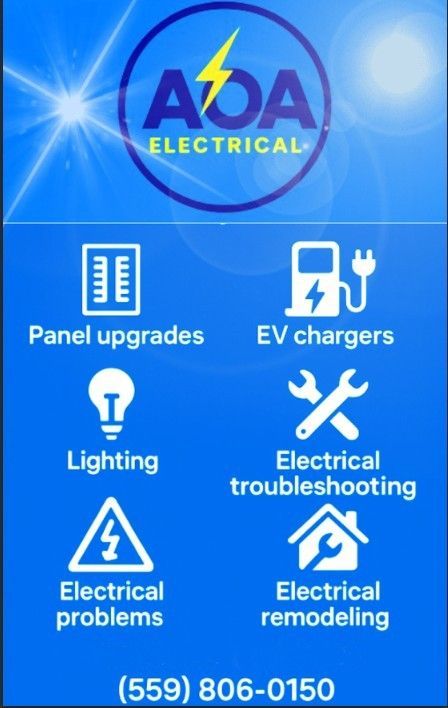 A&A Electrical blue ad with logo and services: panel upgrades, EV chargers, lighting, troubleshooting, remodeling.