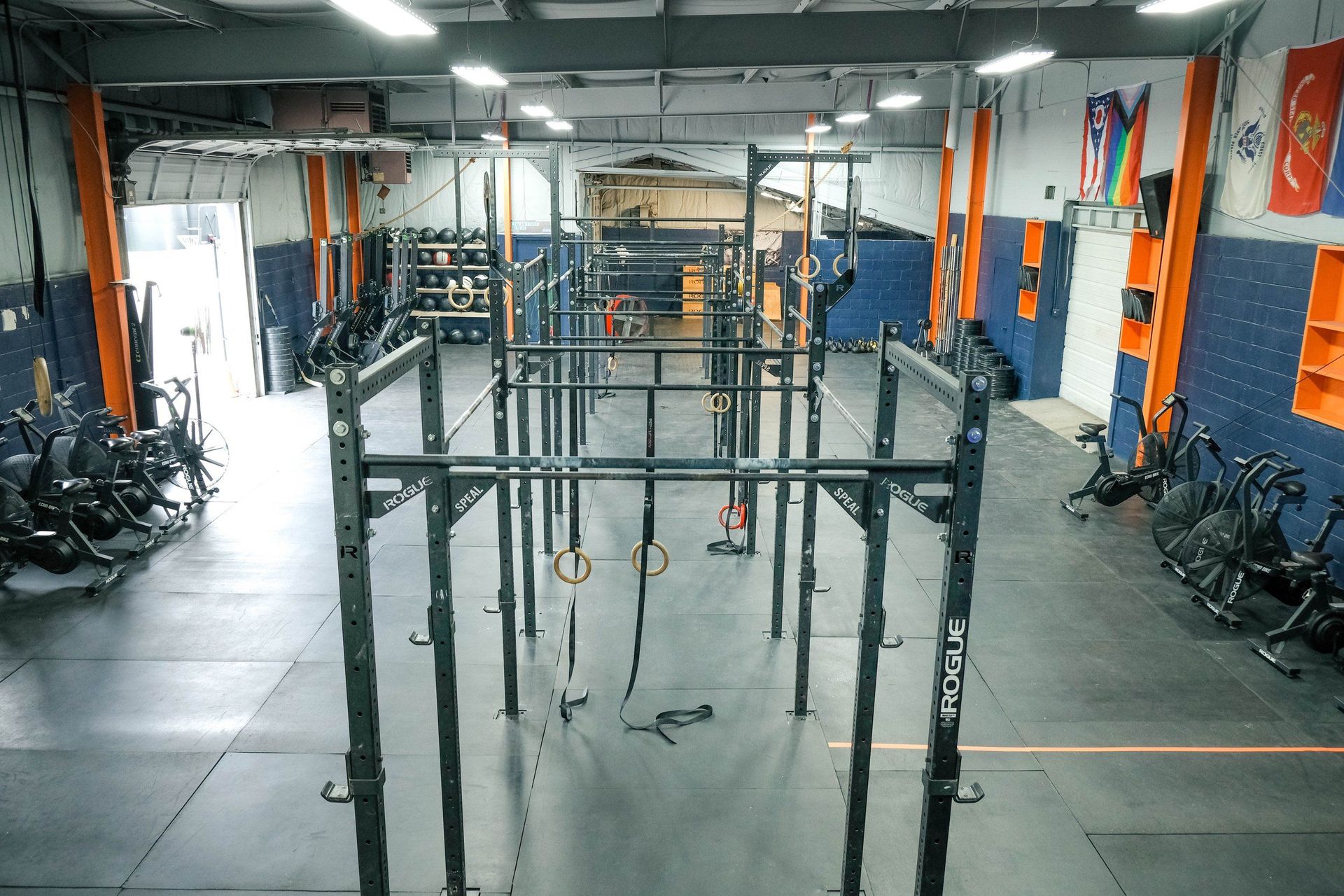 An aerial view of a gym with a lot of equipment