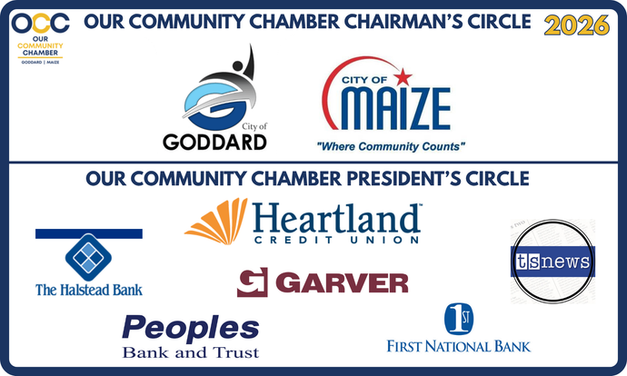 Our Community Chamber Chairman's & President's Circle 2026 with logos: Goddard, City of Maize, First National Bank, The Halstead Bank, Garver.