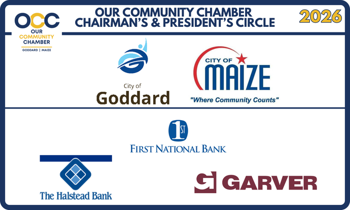 Our Community Chamber Chairman's & President's Circle 2026 with logos: Goddard, City of Maize, First National Bank, The Halstead Bank, Garver.