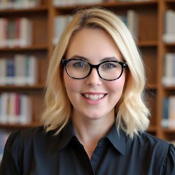 Woman with blonde hair and glasses smiles in front of a bookshelf.