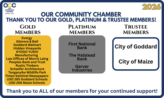 Community Chamber thank you graphic, listing gold, platinum, and trustee members.