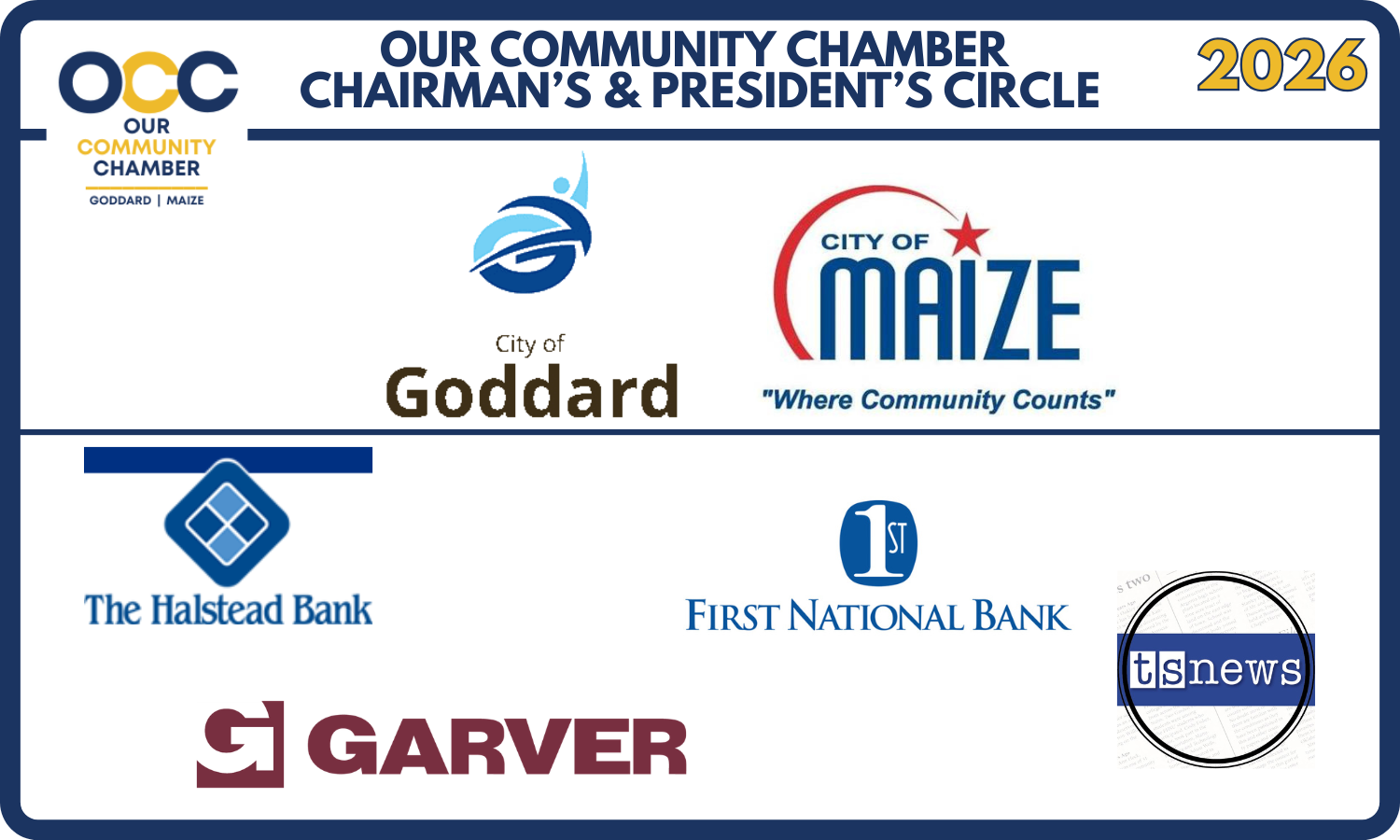 Our Community Chamber Chairman's & President's Circle 2026 with logos: Goddard, City of Maize, First National Bank, The Halstead Bank, Garver.