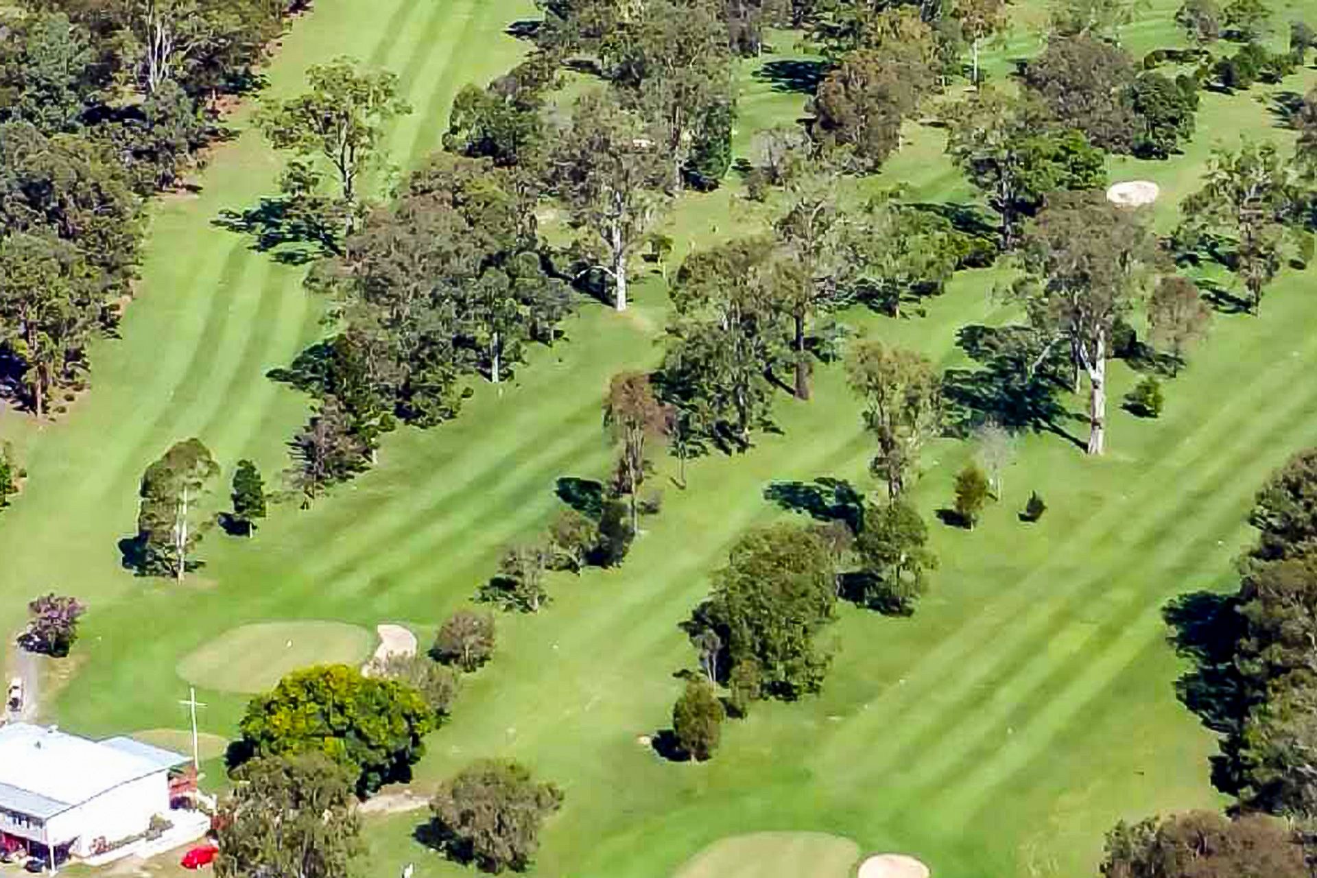 An aerial view of a golf course with trees and a house in the background.