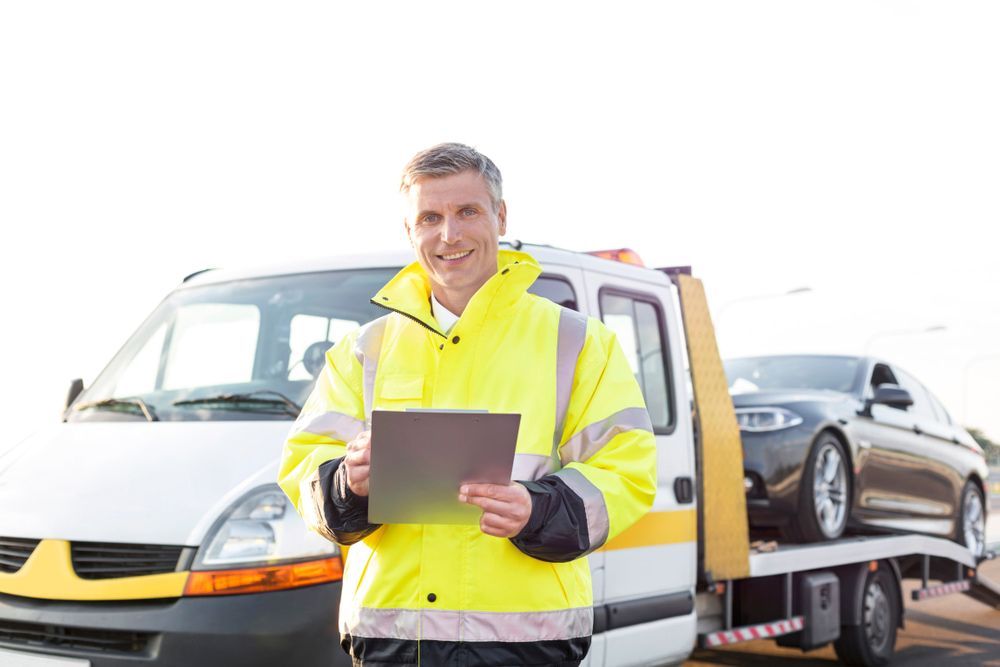 A Man Is Standing In Front Of A Tow Truck Holding A Tablet — Day & Night Towing & Transport In Ingham, QLD