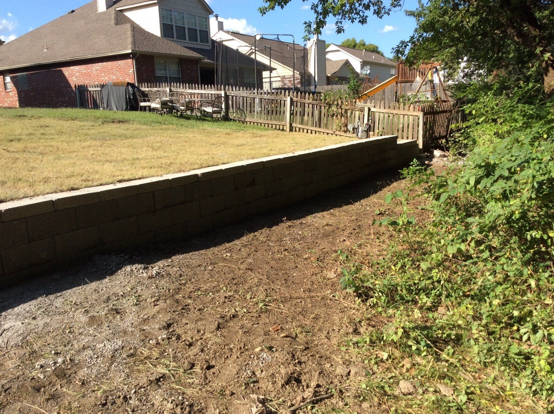 A fenced in yard with a brick house in the background
