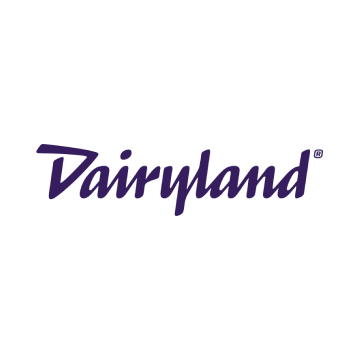 The dairyland logo is purple and white on a white background.