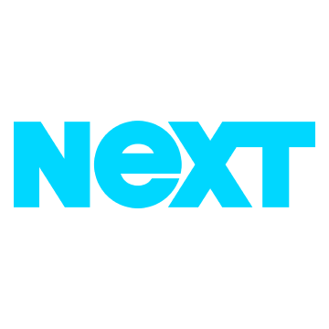 A blue next logo on a white background