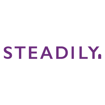 The steadily logo is purple and white on a white background.