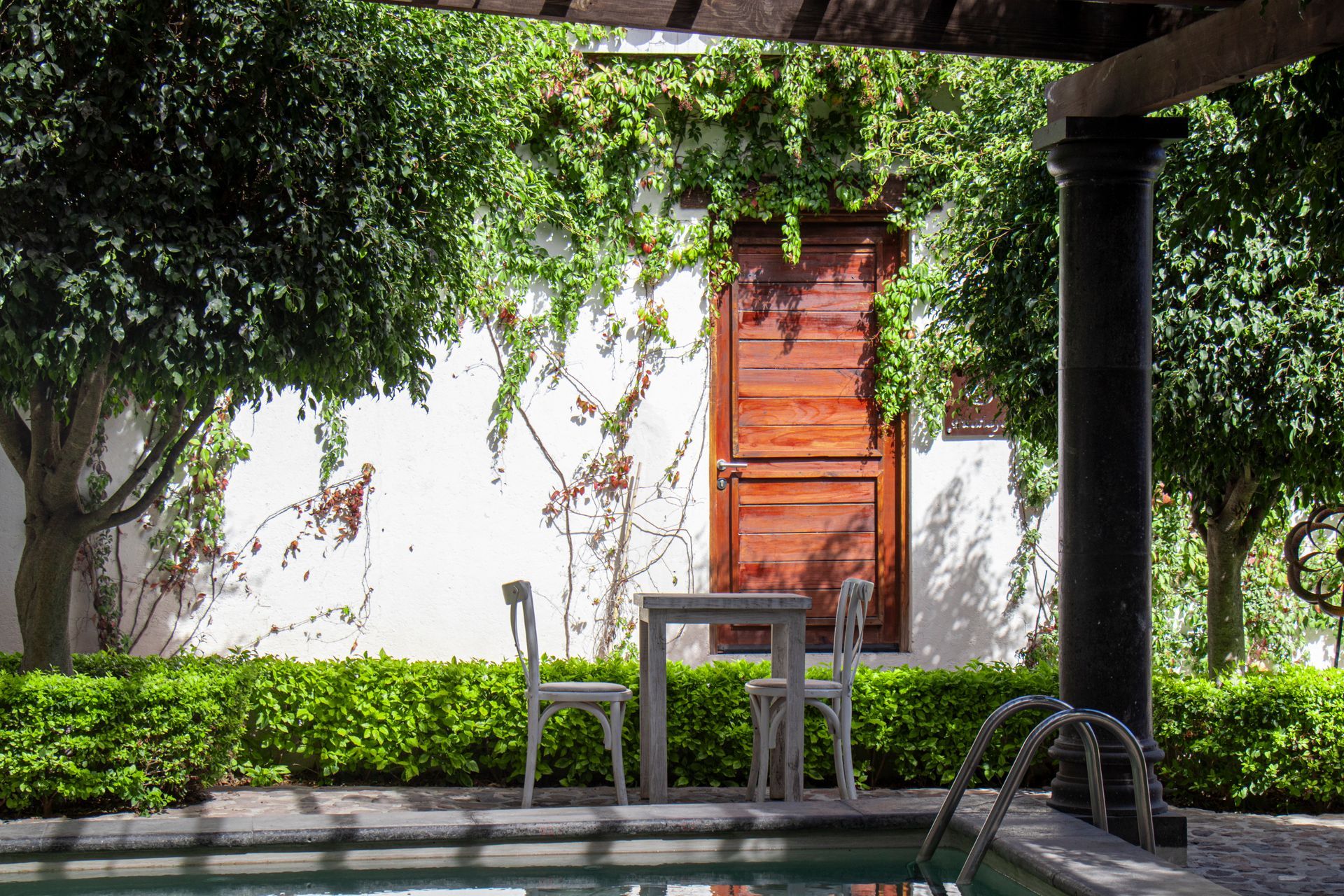 Patio with table, chairs, pool, and vine-covered wall; sunny day.