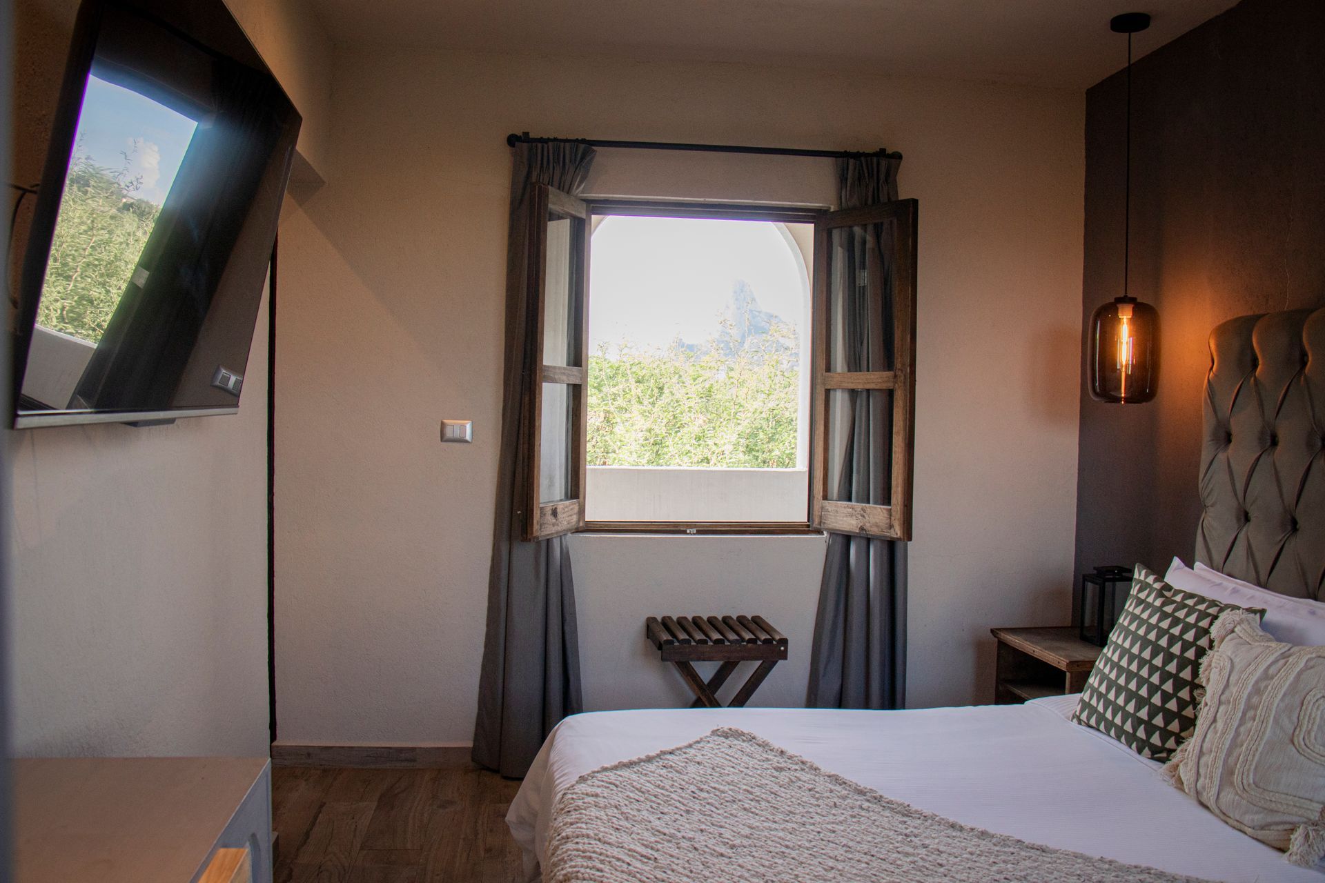 Bedroom with bed, window, and TV; window reveals green trees.