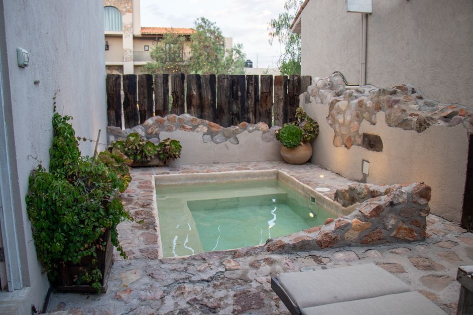 Small outdoor pool surrounded by stone, plants, and a wooden fence.