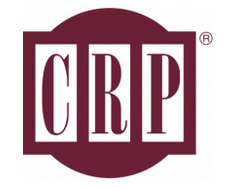 The logo for crp is a burgundy and white logo