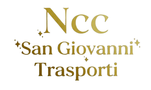 Logo dorato “Ncc San Giovanni Trasporti” su sfondo bianco con piccoli brillantini