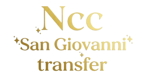 Logo dorato “Ncc San Giovanni Trasporti” su sfondo bianco con piccoli brillantini
