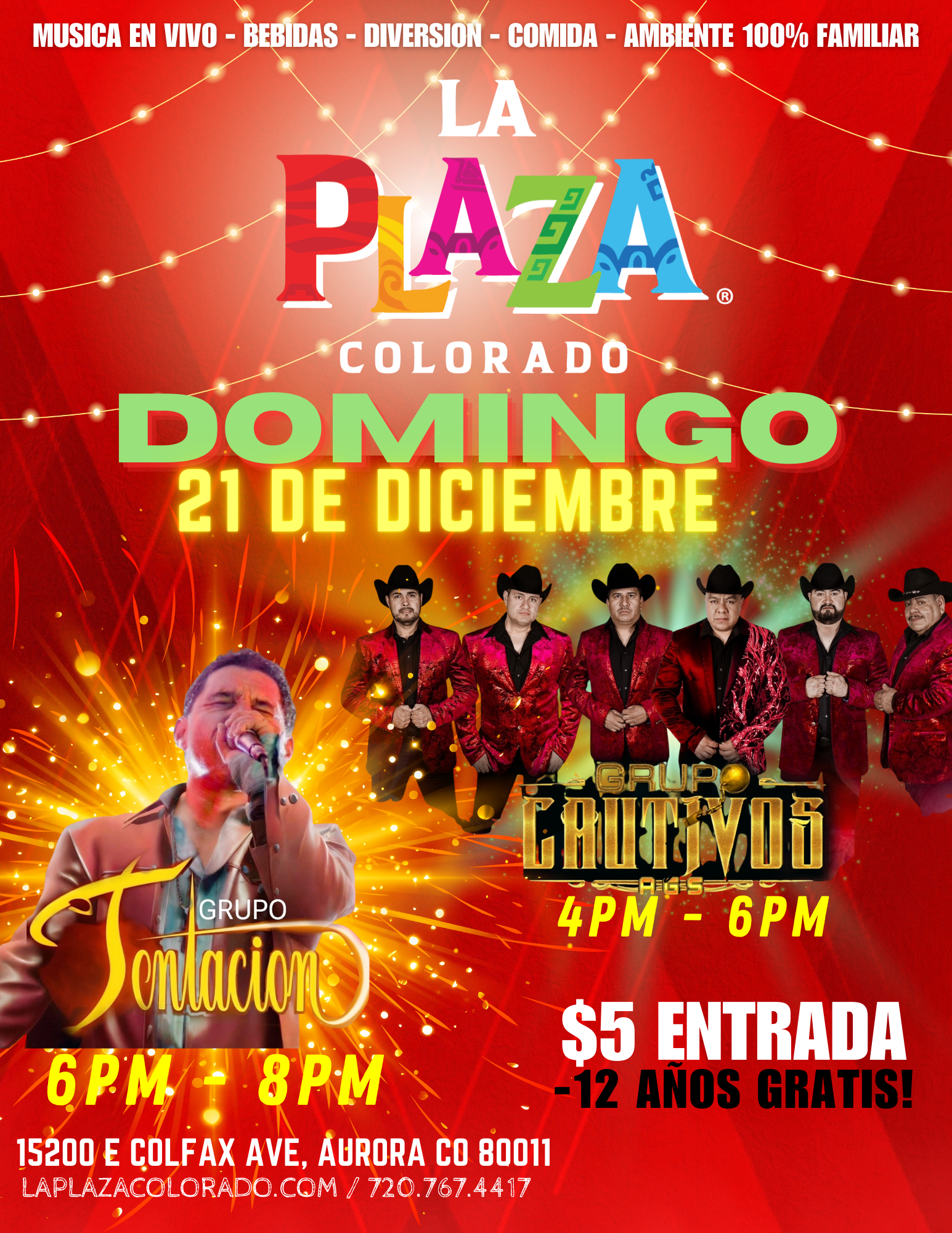 Christmas event flyer for La Plaza, featuring bands, a Christmas tree, and the words 
