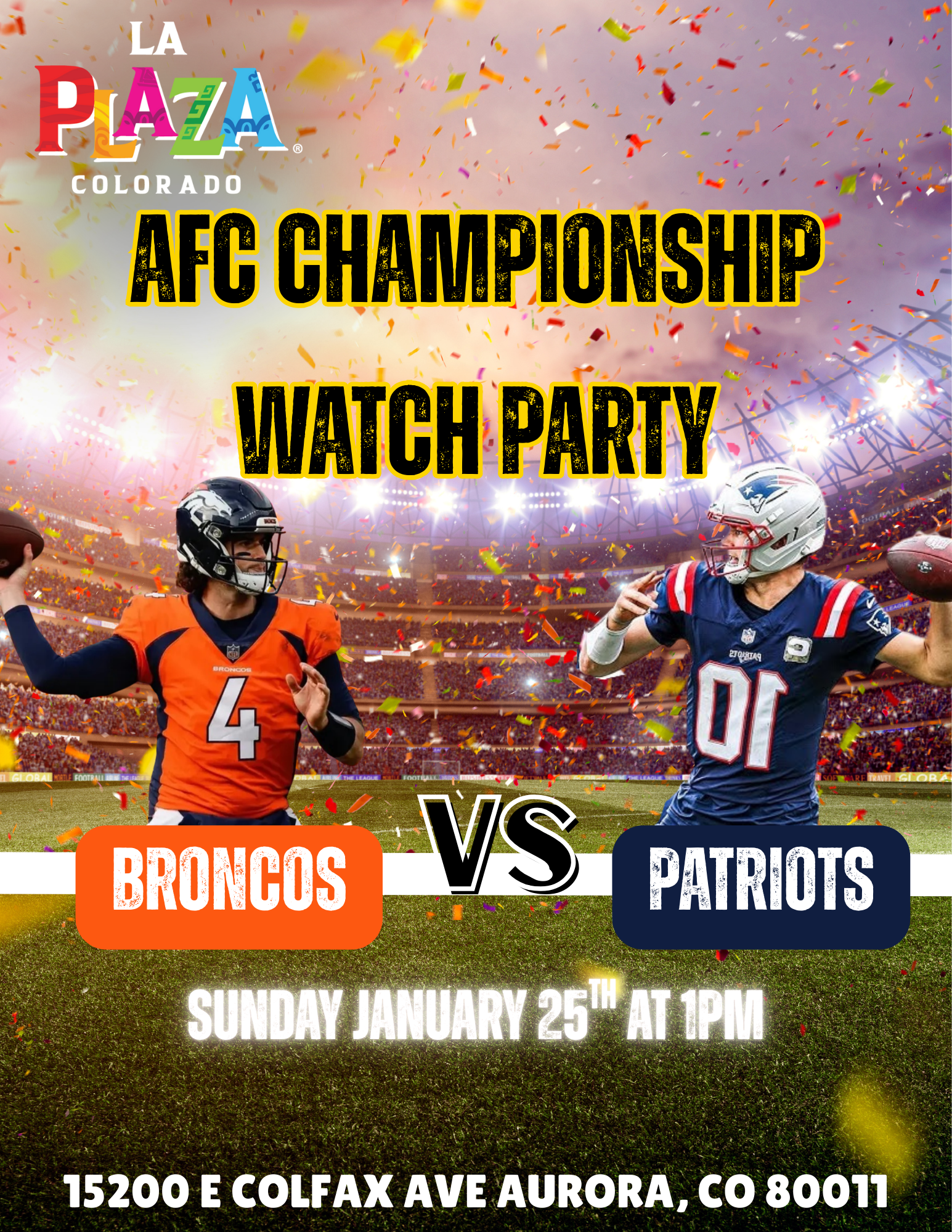 Christmas event flyer for La Plaza, featuring bands, a Christmas tree, and the words